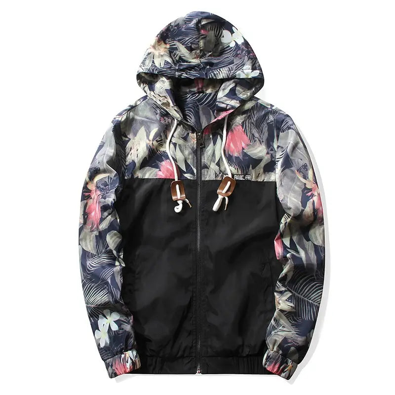 mens hooded jacket floral lightweight windbreaker in asia size with a black and dark blue base featuring pink and white floral patterns and a front zipper closure.