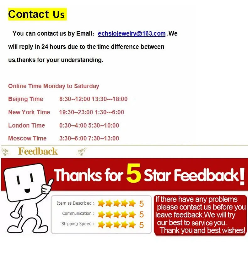 The crystal bridal tiara and wedding crown headpiece contact and feedback section displays email information, operating hours in multiple time zones, and a five-star customer service rating graphic.