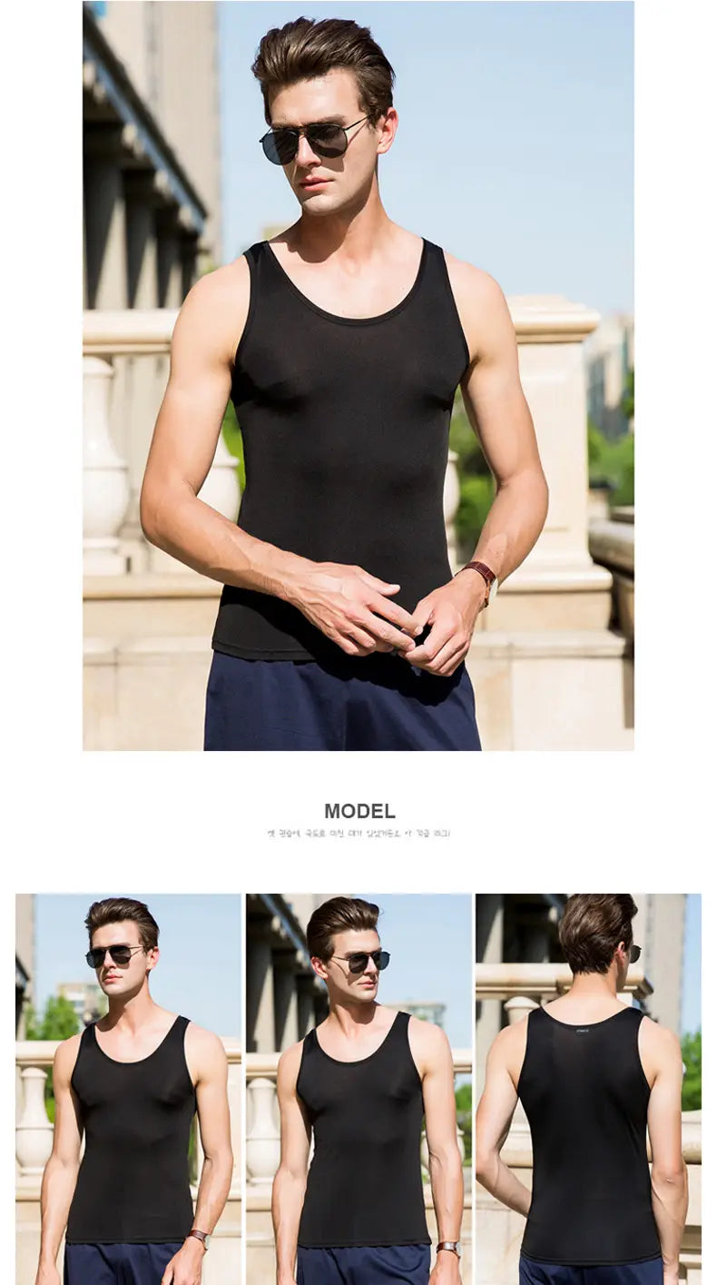 black sleeveless men silk blend tank top with a simple fitted design suitable for casual wear