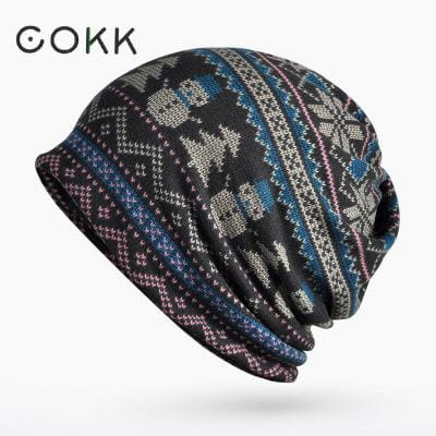 Black knit floral beanie hat with intricate blue gray and pink geometric patterns for unisex casual autumn headwear.