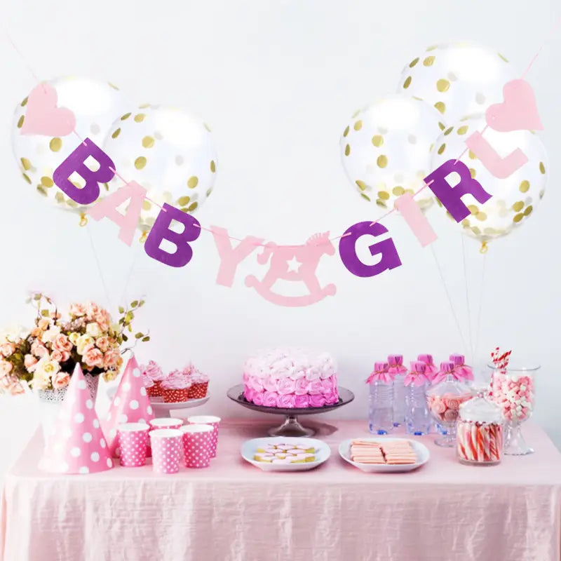 Guirnalda banderín de fieltro para baby shower para decoración de fiesta, con globos de lunares rosa y dorado y recortes en forma de corazón.