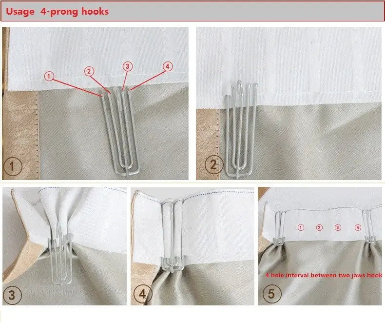 silver 4-prong curtain hooks with a sleek metallic finish and evenly spaced prongs for secure hanging on embroidered living room curtains designed for french window use