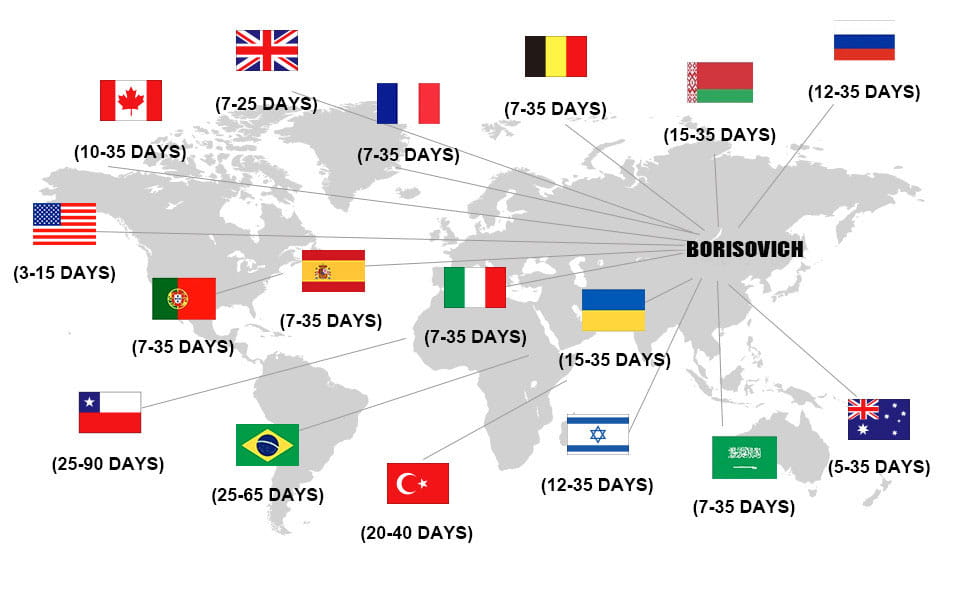Gray world map with country flags and delivery time estimates from Borisovich displaying global shipping for the women’s floral quilted winter jacket vintage coat.
