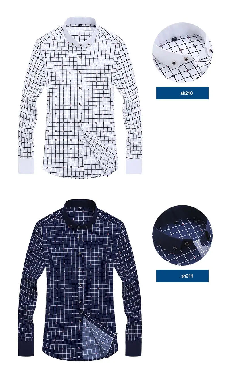 men floral dress shirt slim fit long sleeve casual featuring white and navy blue checkered pattern with contrasting collar and cuff details