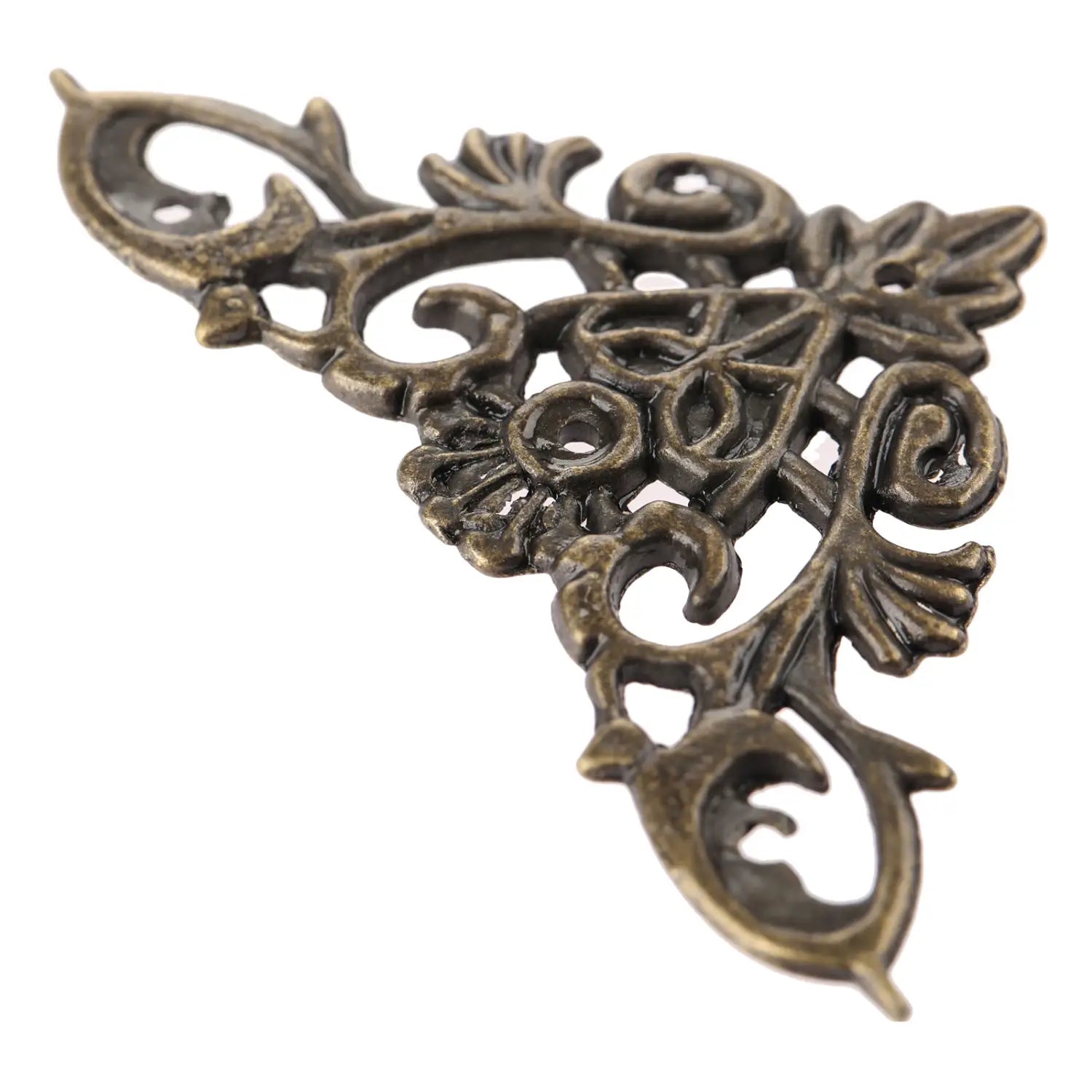 Antique brass-colored zinc alloy corner protector with intricate floral and scrollwork design for edge protection in a 4-pack set.