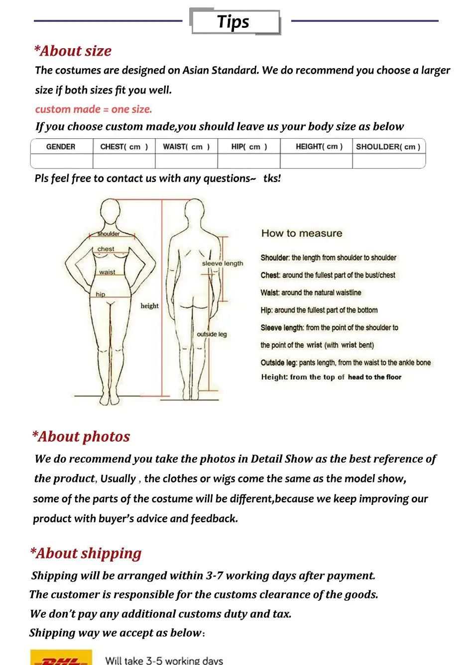 guía de tallas del disfraz de estándar asiático con diagramas de medición ilustrados e instrucciones detalladas para un ajuste preciso del mono del disfraz de cosplay de mascota Nagi Seishiro.