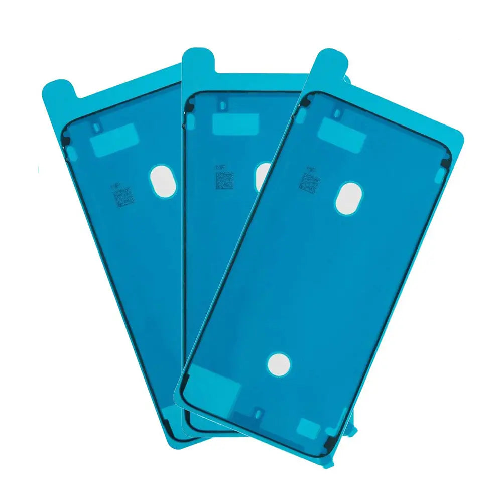 Three translucent blue screen adhesive strips for iPhone pro max water replacement featuring white circular cutouts and black structural tabs on the back side.