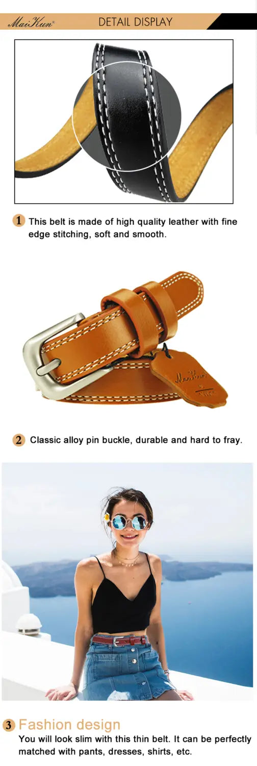 Cinturón de cuero para mujer Maikun, estilo moda de cinturón de piel de vaca, en color beige con costuras negras y hebilla de pin de aleación de plata.
