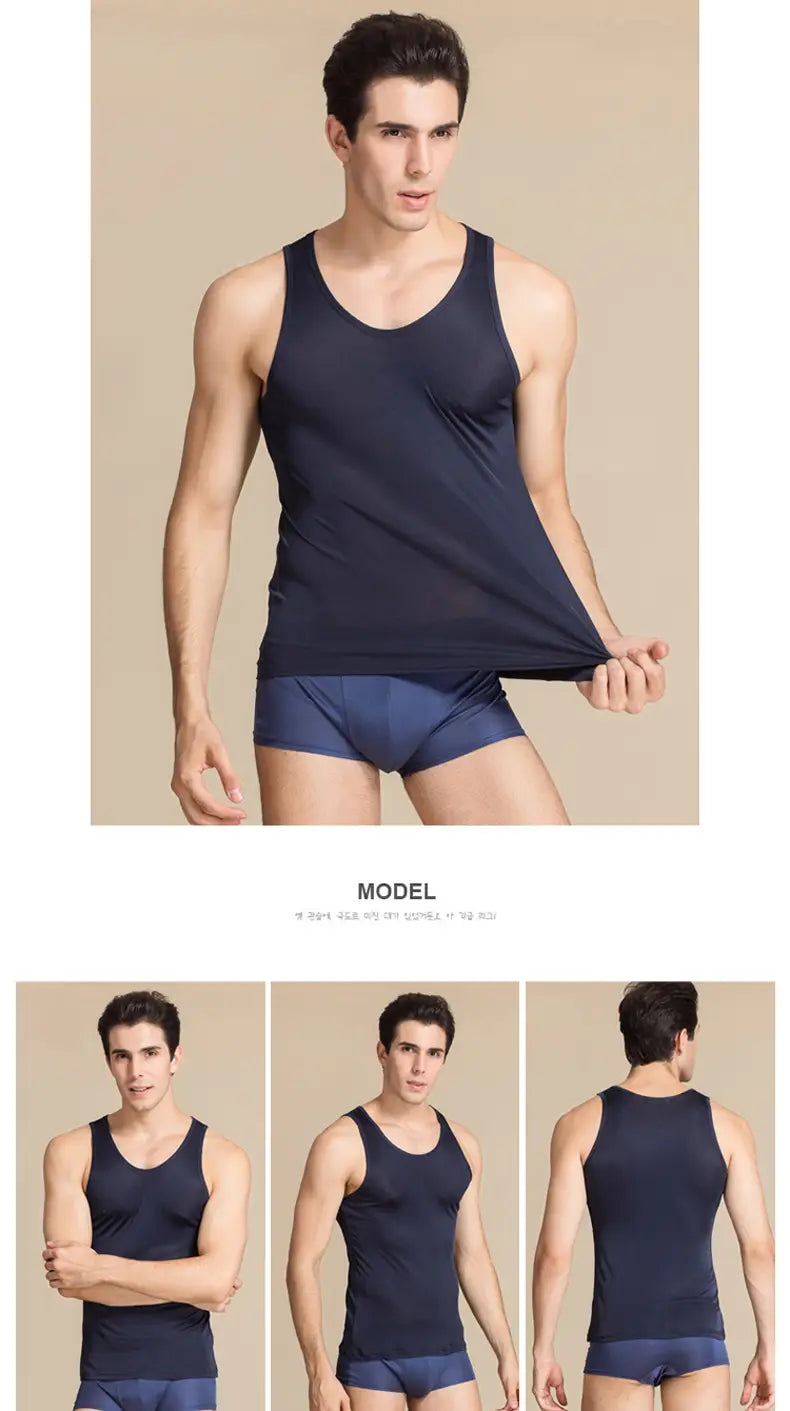 Navy blue men silk blend tank top casual o neck vest with smooth, form-fitting fabric and sleeveless design.