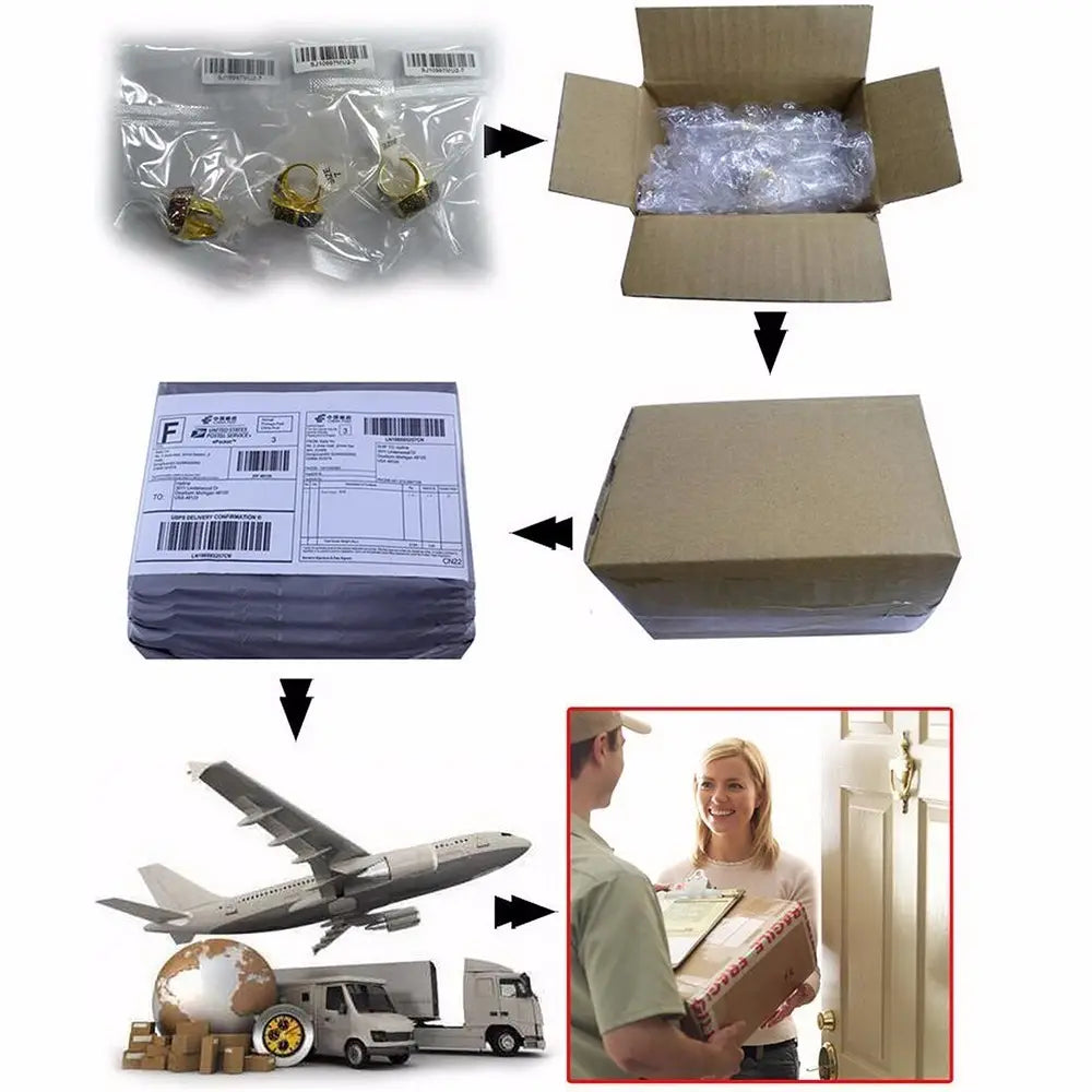 gold-colored metal rings packaged in clear plastic bags for black and white crystal statement flower ring accessories