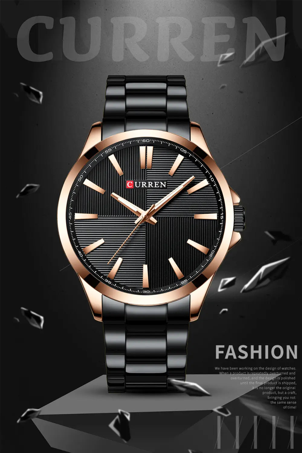 Montre pour homme Curren en or rose, quartz, avec cadran noir et boîtier en or rose, et bracelet en acier inoxydable élégant.