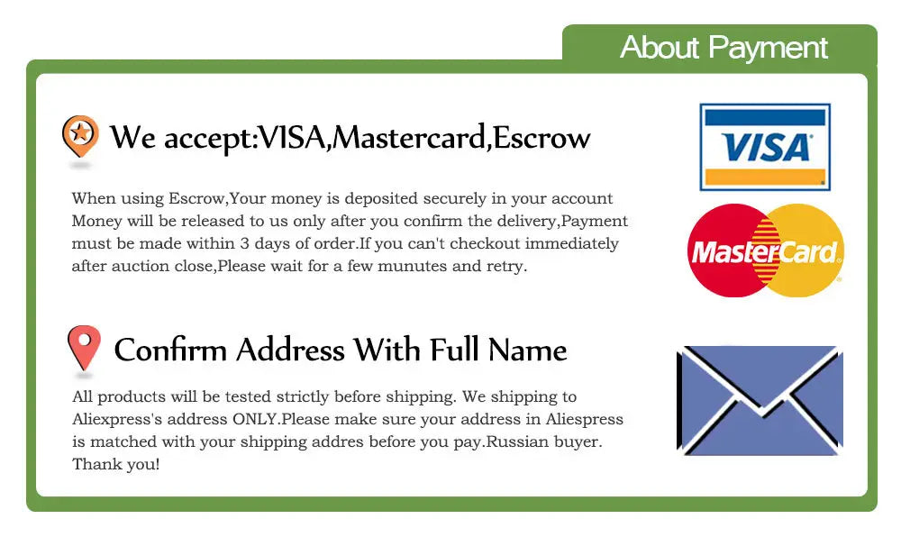 La imagen muestra un panel de información de pago con logotipos de visa, mastercard y escrow para un receptor de carga inalámbrica con interfaz tipo c para teléfono móvil.
