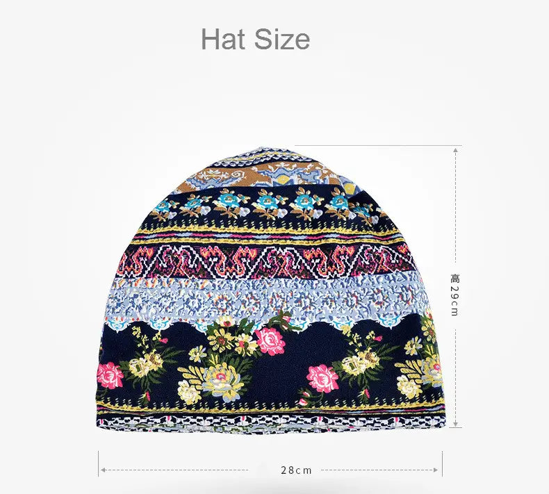 Floral knit beanie hat unisex casual autumn headwear featuring a colorful patterned knit with floral and geometric designs in navy blue pink yellow and white.