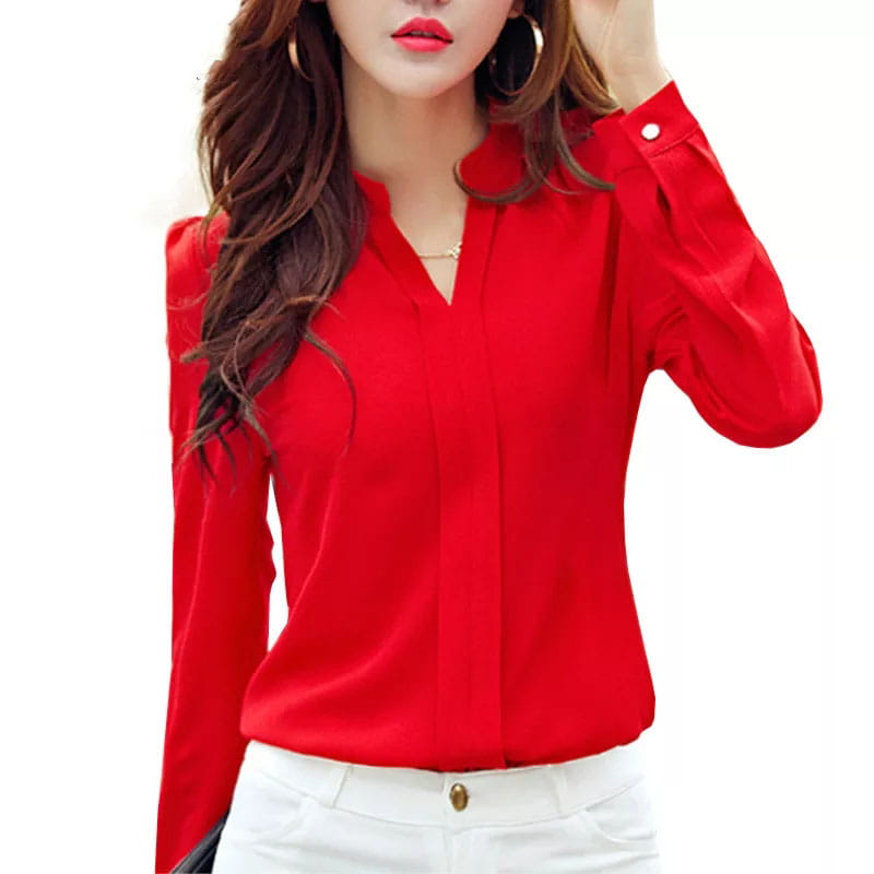 A vibrant red chiffon office blouse featuring a v-neckline and long sleeves with buttoned cuffs designed to avoid negative feedback.