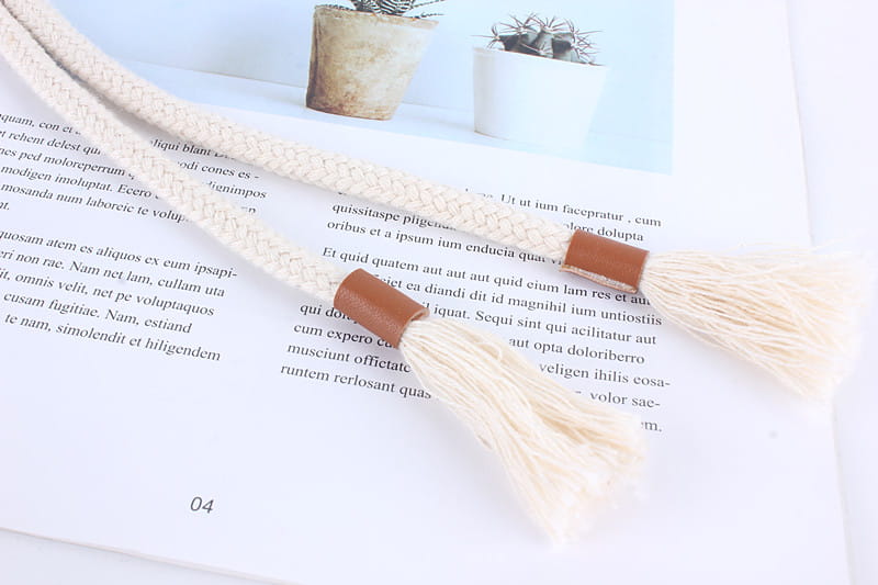 Beige braided tassel bookmark with brown leather tabs for braided rope belt women tassel waistband dress accessory.
