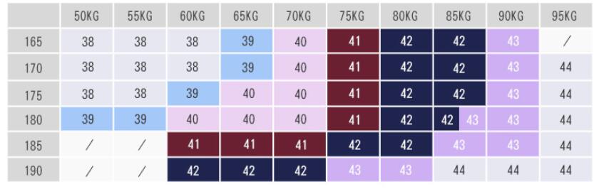 The table displays a color-coded chart with weight and height measurements for a men floral dress shirt slim fit long sleeve casual.