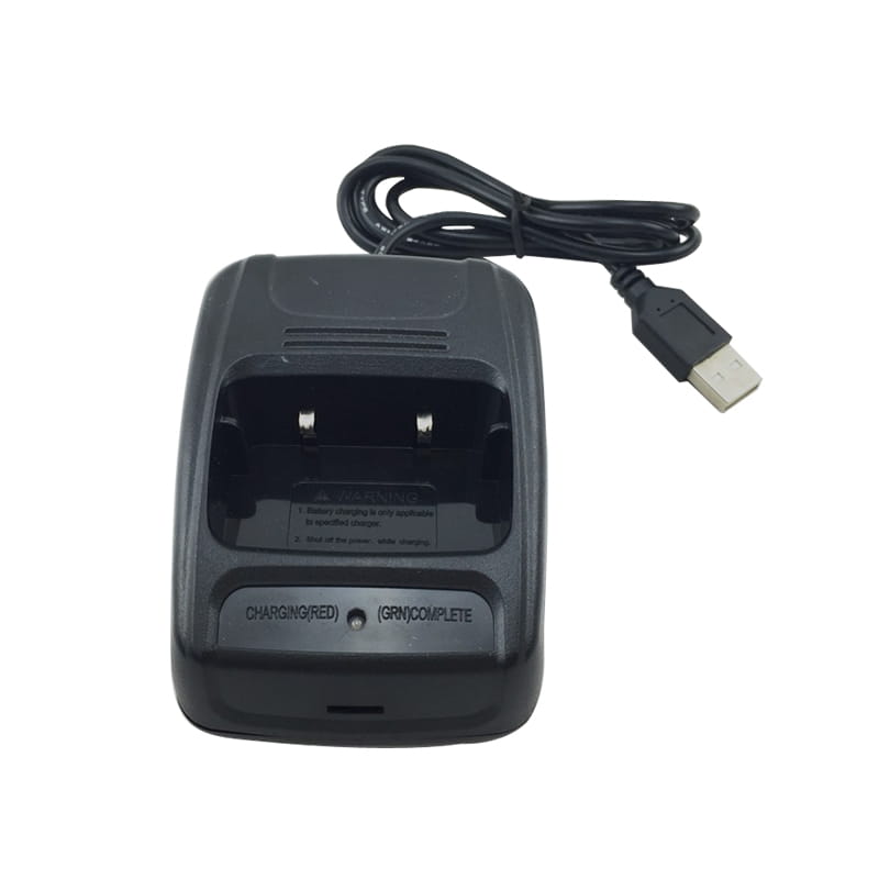 Cargador especial de escritorio de plástico negro para walkie talkie Baofeng con doble base de carga, cable negro en espiral y luces indicadoras.