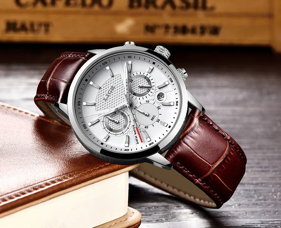 Lige men’s leather chronograph quartz watch with a silver-toned case, white dial, and brown alligator texture leather strap.