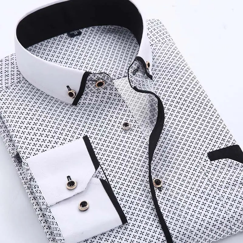 Men floral dress shirt slim fit long sleeve casual in crisp white with black geometric pattern and contrasting black trim on collar cuffs and placket.