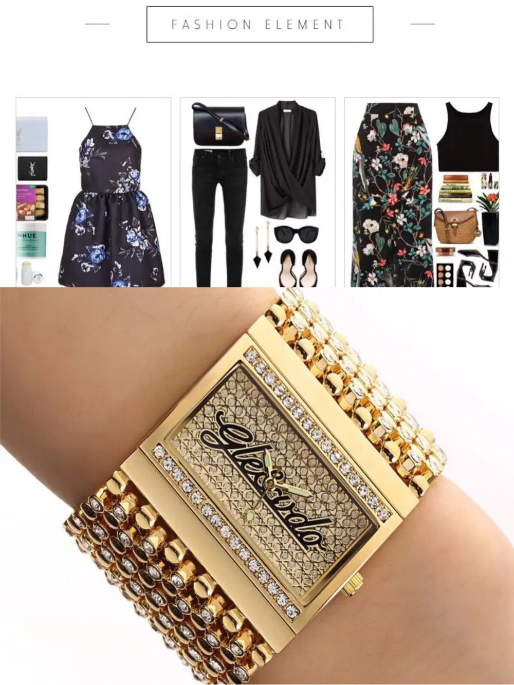 Gold quartz women watch with a gold-toned rectangular diamond-encrusted face and a bold multi-layered chain bracelet.