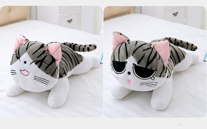 Adorable gray and white striped cheese cat soft animal plush toy with pink inner ears and two different facial expressions perfect for soft animal dolls collection.