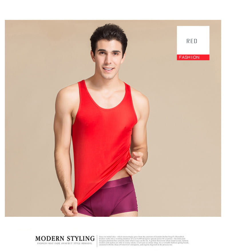 Men silk blend tank top in red with sleeveless fitted modern styling for casual wear.