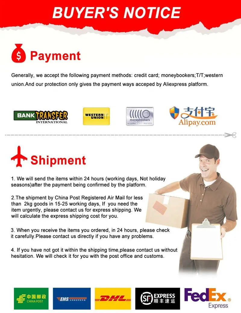 L’image montre un avis d’acheteur contenant des informations de paiement et d’expédition pour un lot de boîtes de faveur de mariage en papier floral rose de 50, avec les logos des cartes de crédit, Moneybookers, t t, Western Union, alipay com, China Post Registered Air Mail, EMS, DHL et SF Express.