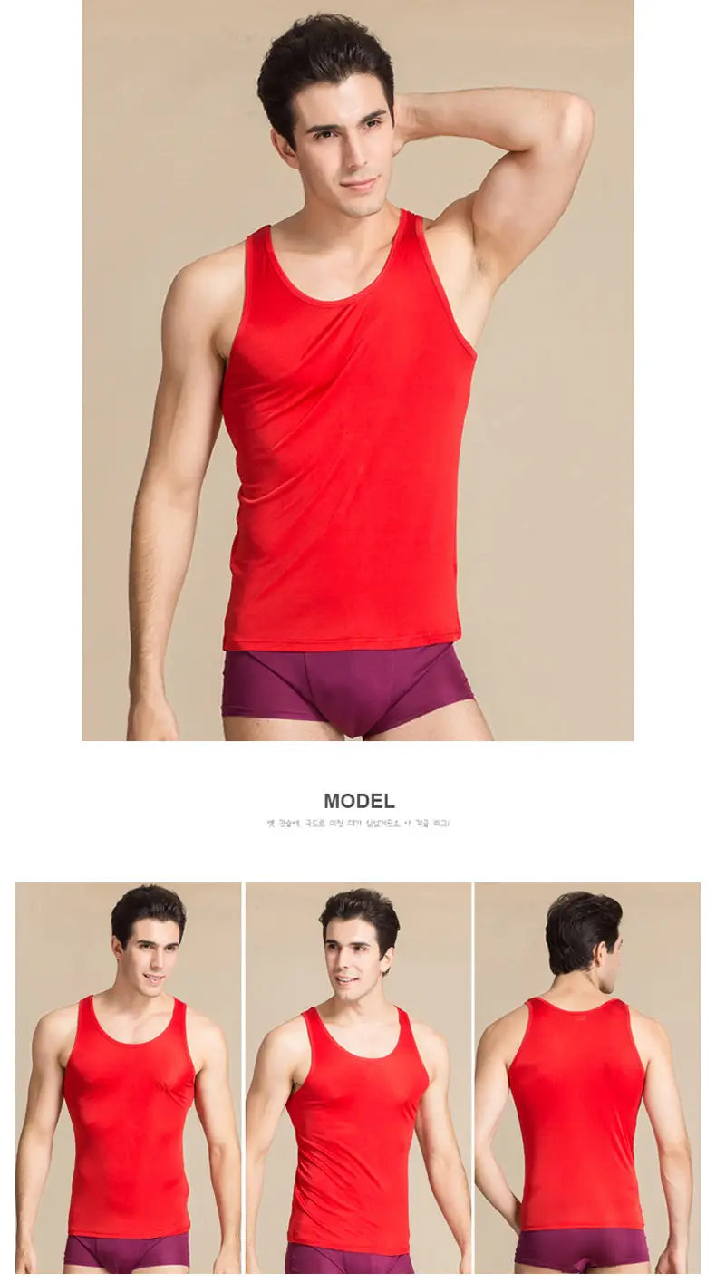 Red sleeveless tank top made of smooth silk blend fabric designed as a casual o neck vest for men.