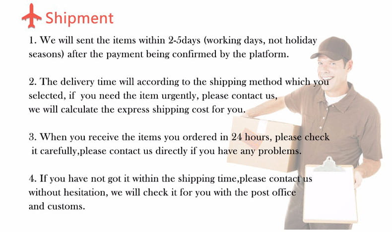 A smiling delivery man in a brown polo shirt and cap holds a clipboard next to text outlining shipping policies for the cheese cat soft animal plush toy, a soft animal doll.