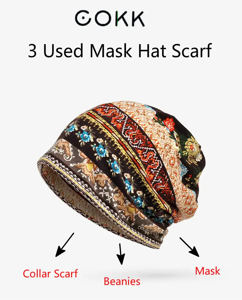 Floral knit beanie hat unisex casual autumn headwear by Gokk featuring a multi patterned scarf design with intricate floral and geometric patterns in earthy tones with blue and red accents on a dark brown knit fabric.