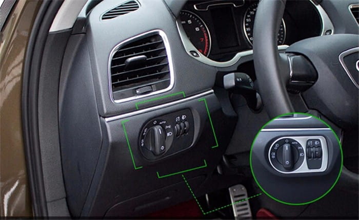 black plastic vehicle control knob with silver trim and labeled buttons for headlights turn signals and wipers in audi q3 2012-2016 interior trim decoration set