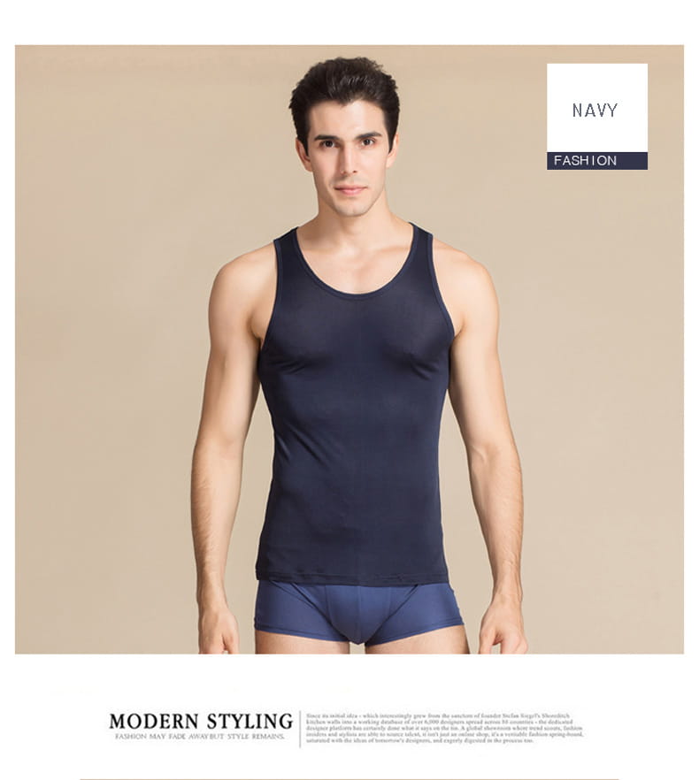 Navy blue sleeveless men silk blend tank top with a simple modern cut casual o neck vest.