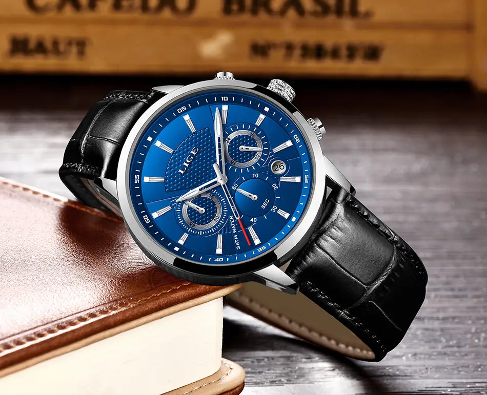 Lige men’s leather chronograph quartz watch with a blue dial, silver case, and black leather strap.