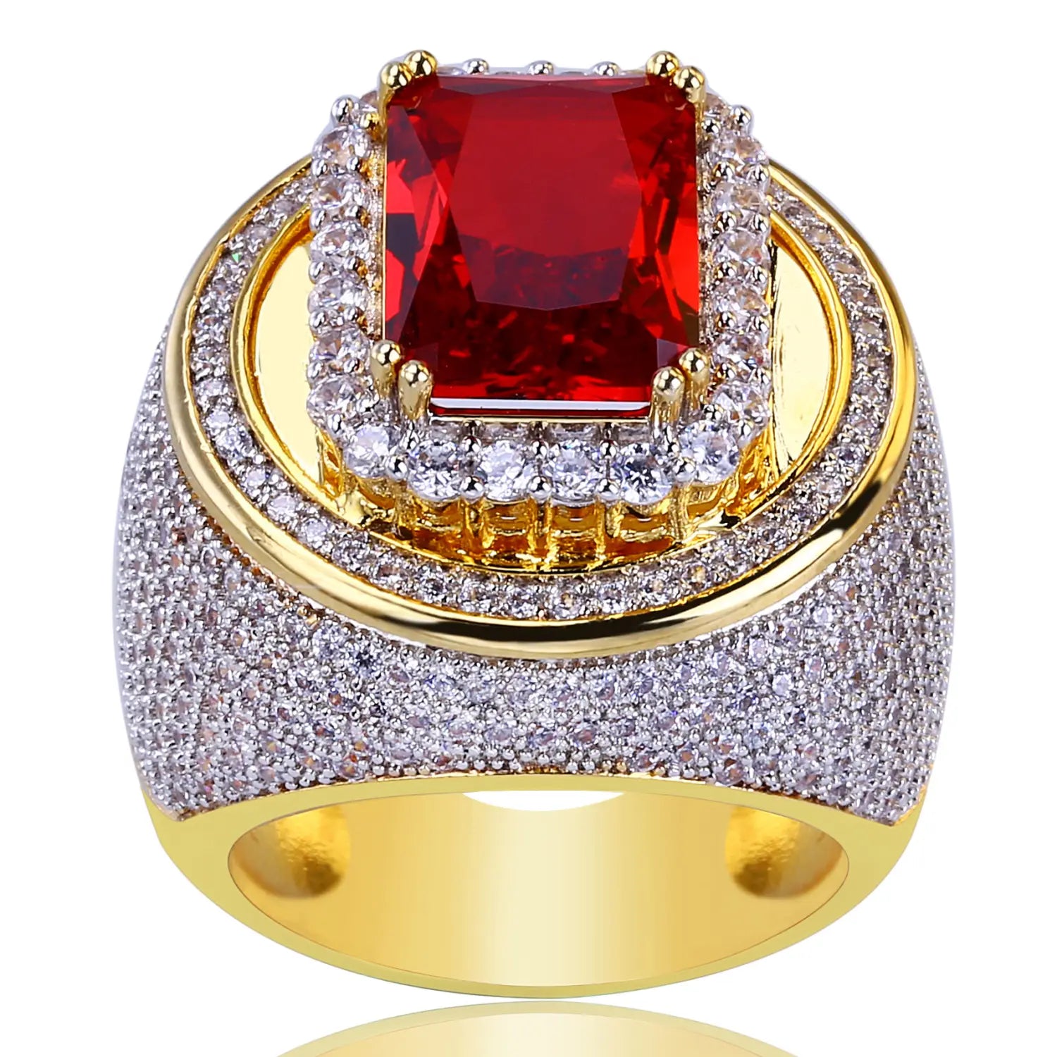 ruby cz gold filled statement ring featuring a gold-tone band with a rectangular red gemstone surrounded by clear crystal halo and densely paved white stones on the band