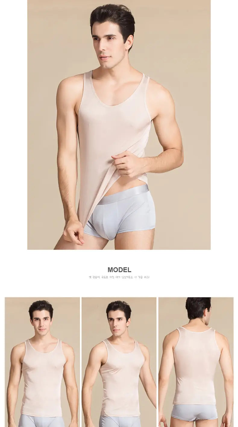 Men silk blend tank top in beige features a sleek, smooth, moisture-wicking fabric with a form-fitting design for casual wear.