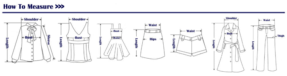 Measurement guide diagram for piece sets woman ruched high neck flare outfit illustrating blouse, tank top, skirt, shorts, and pants sizing and closure type details.