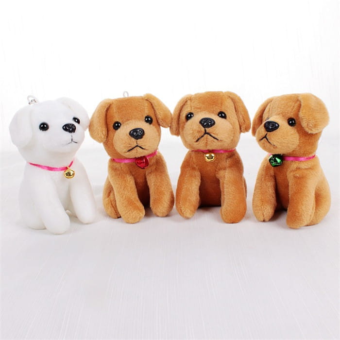 four plush puppy keychains with soft white and various brown fur wearing pink collars with metallic tags displayed as cute cat keychain gray kitten bag charm toys