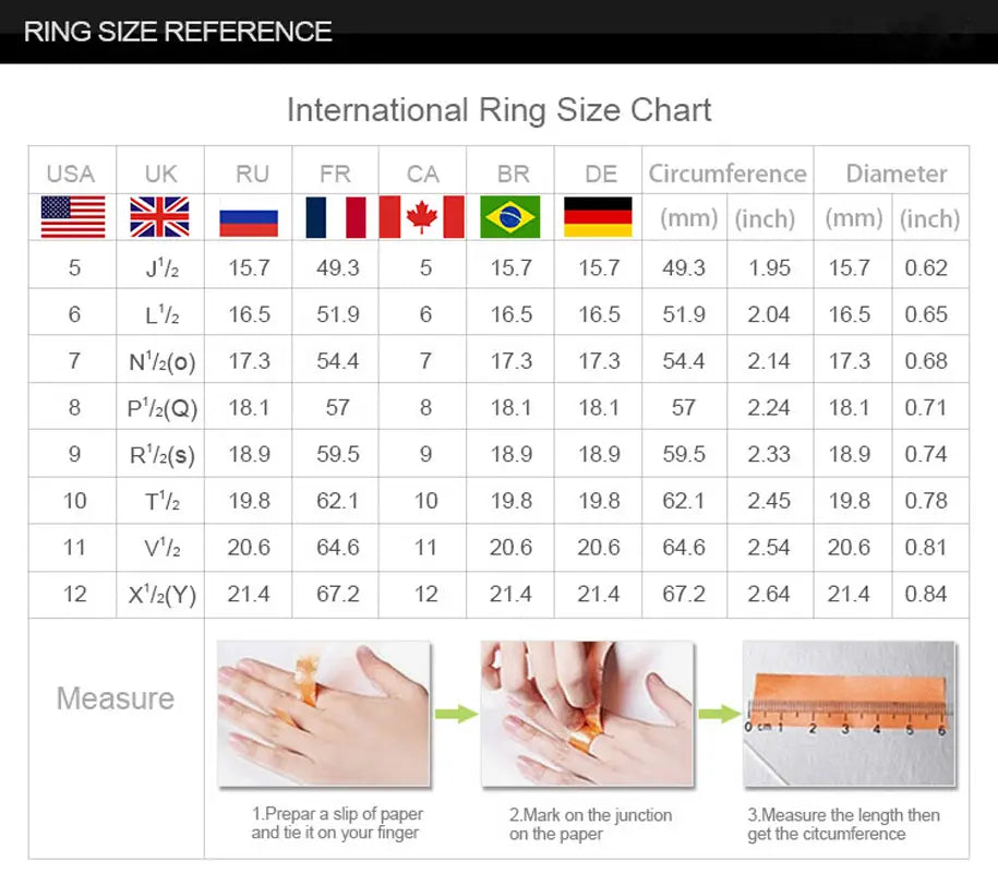 International ring size chart with measurements in multiple systems and illustrated steps for measuring finger circumference for the ruby cz gold filled statement ring.