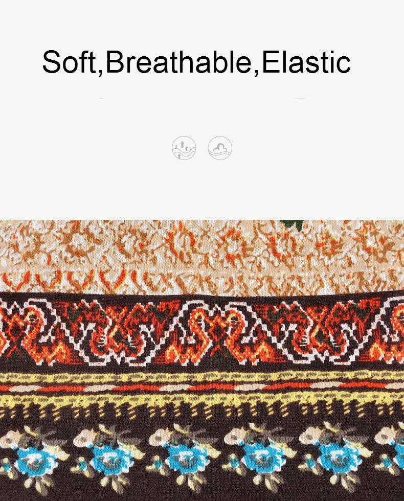 floral knit beanie hat unisex casual autumn headwear featuring vibrant orange and black tribal-style motifs above blue floral designs on a dark patterned fabric.