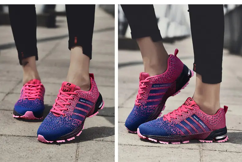 Les chaussures de running pour hommes Covadis en maille respirante présentent un tricot dégradé vibrant rose et bleu, avec des bandes noires audacieuses et des lacets assortis, pour des performances athlétiques améliorées.