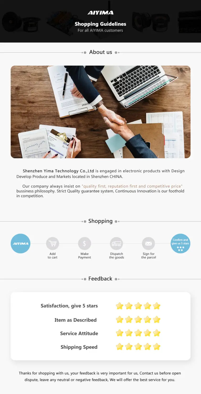 Aiyima 2.5 inch full range audio speakers pair shown on a shopping guidelines webpage with a handshake between two business professionals at a wooden desk with laptops and documents.