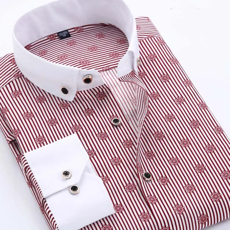 Men floral dress shirt slim fit long sleeve casual featuring a crisp white and burgundy striped pattern with a subtle nautical wheel design and contrasting white cuffs and collar.