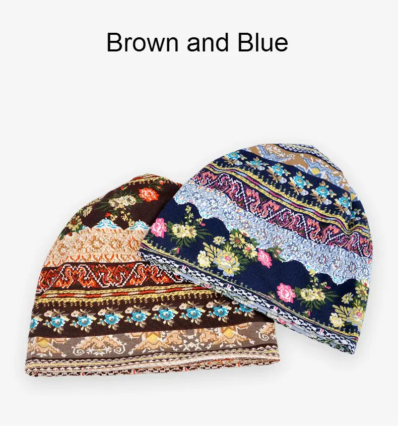 Floral knit beanie hat unisex casual autumn headwear in brown and blue patterned knit with floral and tribal designs.