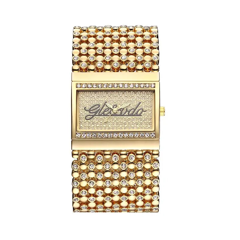 Gold quartz women’s wristwatch with a gold-tone rectangular case and a beaded crystal-encrusted band featuring the Glebo logo on the face.