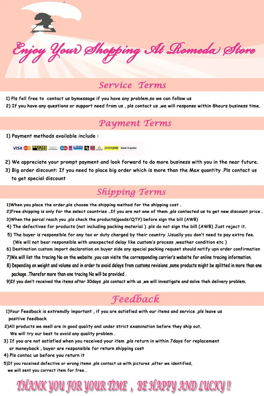 page des conditions de service de boutique en ligne sur le thème rose et des informations de paiement, présentant des baguettes ruban de mariage vertes et blanches, lot de 50, pour la décoration de la cérémonie.