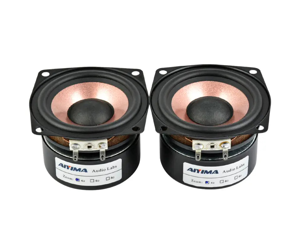 Aiyima 2.5 inch full range audio speakers pair featuring black 40mm tweeters with copper-colored cones and silver terminals.