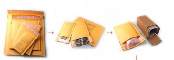 a yellow padded envelope with a clear plastic window and adhesive strip for securing the silver bowknot zircon necklace and earrings set