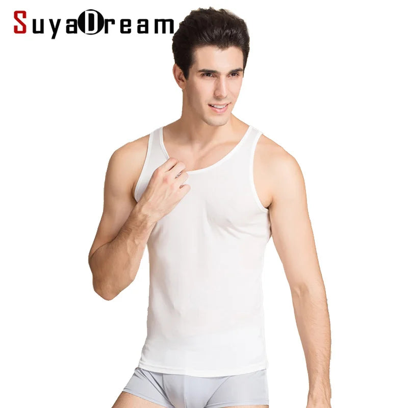 Men Tank Tops 30% Real Silk Solid Tanks For Men O Neck Vest 2025 New Spring Summer Black White Bottoming Shirt