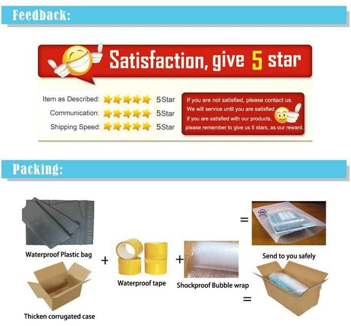 The image shows customer feedback and packing information for the star leather tassel keychain for women featuring satisfaction ratings and packaging components such as waterproof plastic bags, tape, bubble wrap, and corrugated cases.