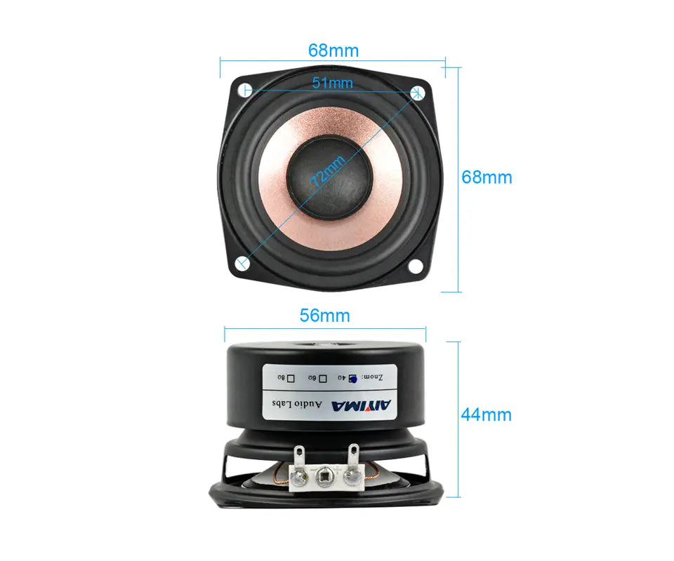 Black and copper-colored 68mm square aiyima 2.5 inch full range audio speaker with matte finish and aima audio labs branding on the base.